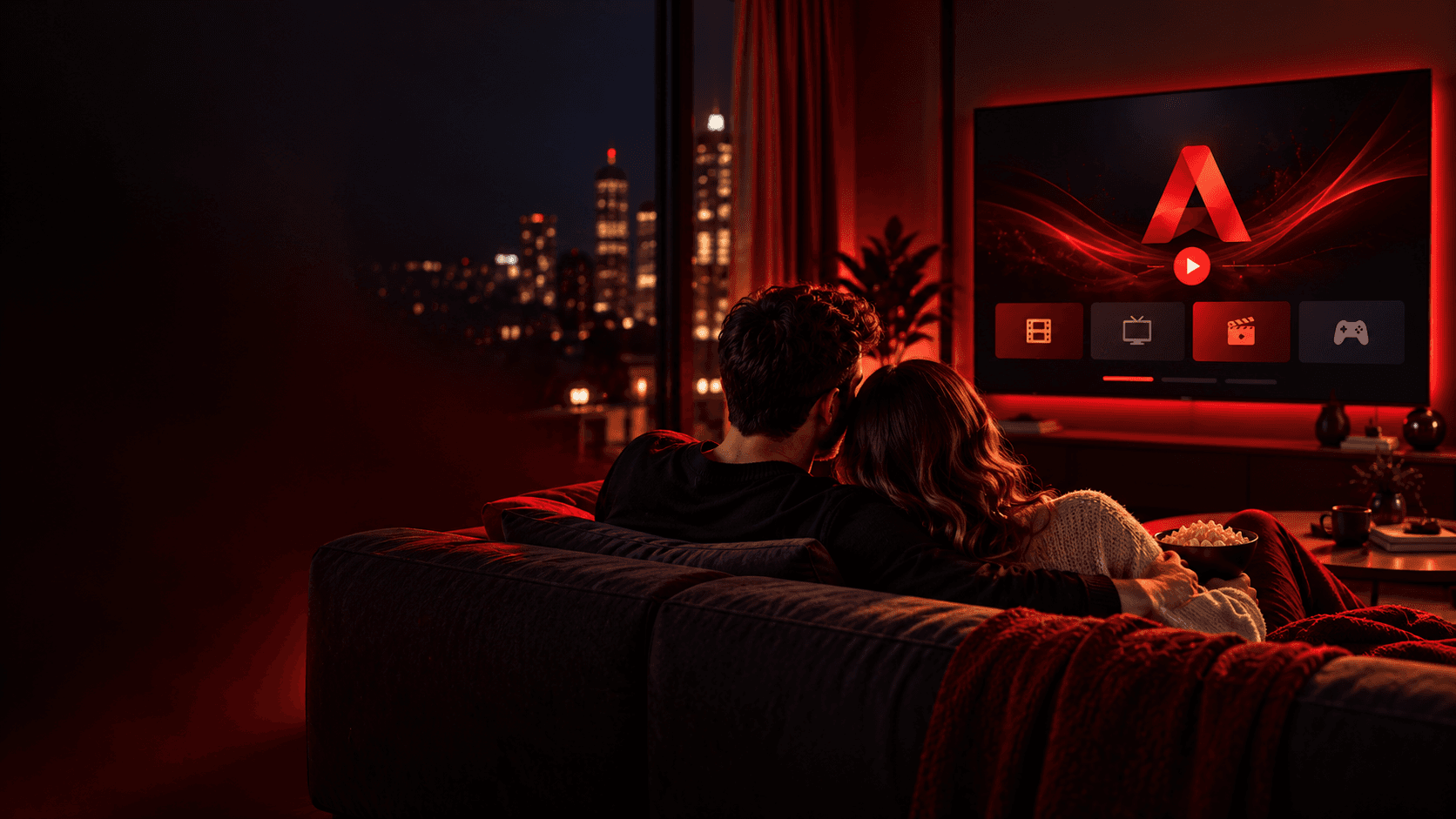 Casal assistindo ao Ayastream em uma televisão na sala